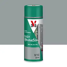 Bombe de peinture extérieure bois, fer, plastique gris galet RAL 7045 satin V33 Easy Rénovation 400 ml