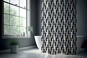 Rideau de douche avec œillets l.180 x H.200 cm en polyester noir et blanc, Levasseur Rétro