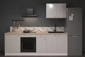 Cuisine en kit blanc brillant avec plan de travail imitation chêne LENA L. 240 cm