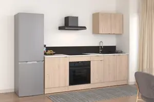 Cuisine modulable décor chêne clair avec plan de travail imitation pierre blanc