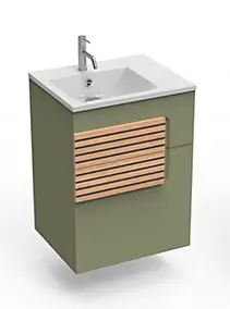 Meuble sous vasque faible largeur l.55 cm 1 tiroir vert fougère + plan vasque en Céramyl®, Decotec Archi