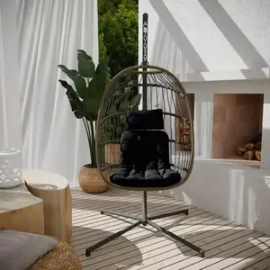 Fauteuil œuf suspendu en acier avec coussin noir - L. 95 x P. 95 x H. 196 cm