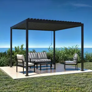 Salon de jardin 4 places en aluminium noir et gris avec coussins et table en verre trempé