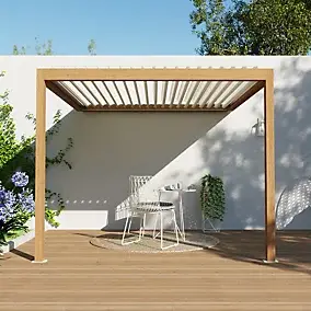 Pergola bioclimatique adossée motorisée Salto Alumin'home aluminium aspect bois - 3 x 3 m avec LED intégrés