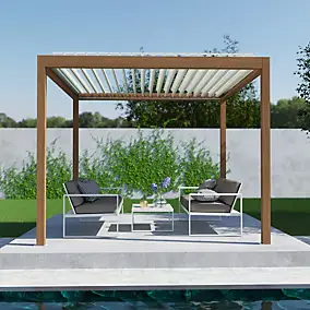Pergola bioclimatique autoportante motorisée Salto Alumin'home aluminium aspect bois - 3 x 3 m avec LED intégrés