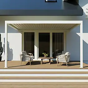 Pergola bioclimatique adossée motorisée Salto Alumin'home aluminium blanc RAL 9010 - 4 x 3 m avec LED intégrés