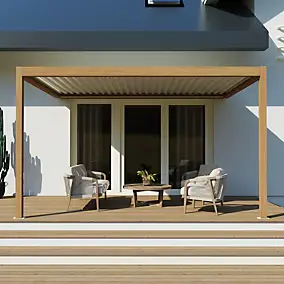 Pergola bioclimatique adossée motorisée Salto Alumin'home aluminium aspect bois - 4 x 3 m avec LED intégrés