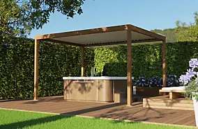 Pergola bioclimatique autoportante motorisée Salto Alumin'home aluminium aspect bois - 4 x 3 m avec LED intégrés