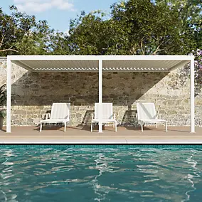 Pergola bioclimatique adossée motorisée Salto Alumin'home aluminium blanc RAL 9010 - 6 x 3 m avec LED intégrés