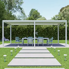 Pergola bioclimatique autoportante motorisée Salto Alumin'home aluminium blanc RAL 9010 - 6 x 3 m avec LED intégrés
