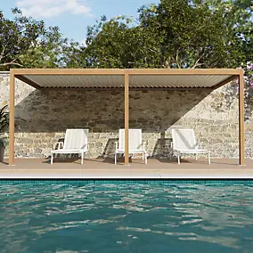 Pergola bioclimatique adossée motorisée Salto Alumin'home aluminium aspect bois - 6 x 3 m avec LED intégrés