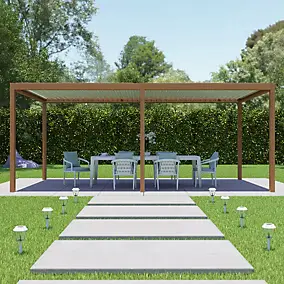 Pergola bioclimatique autoportante motorisée Salto Alumin'home aluminium aspect bois - 6 x 3 m avec LED intégrés