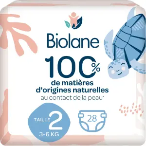 BIOLANE Couches naturelles zéro fuite 12h taille 2 (3 à 6kg) 28 couches
