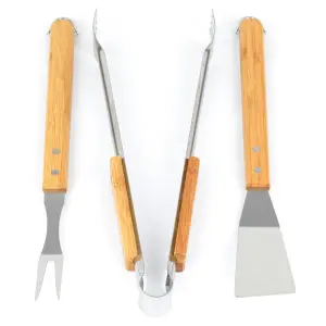 GARDENSTAR Lot de 3 ustensiles pour barbecue Somagic en acier manche Bambou