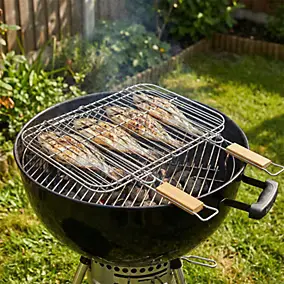 Grille double rectangulaire pour barbecue en acier chromé avec poignée en bambou Somagic 51 x 38 cm