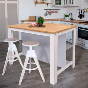 Îlot de cuisine blanc avec étagères et plateau en bambou L. 120 x l. 70 x H. 90 cm
