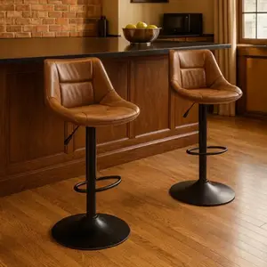 Lot de 2 tabourets de bar réglables effet cuir marron base acier noire L. 43 x P. 50 x H. 91 à 111 cm