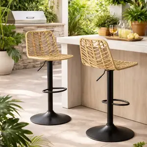 Lot de 2 tabourets de bar rotin et métal avec hauteur réglable H. 91 à 111 cm