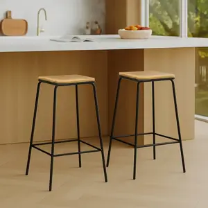 Tabouret de bar "Japandi" en bambou et métal noir