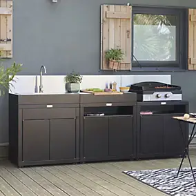 Cuisine extérieure 3 éléments avec crédences inox, acier époxy noir, Le Marquier