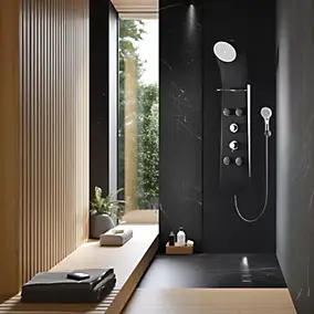 Colonne de douche thermostatique hydromassante 4 buses avec tablette, pomme de tête, douchette 3 jets et flexible, noir mat, Valentin Nautilus