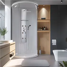 Colonne de douche thermostatique hydromassante 6 buses avec tablette, pomme de tête, douchette 3 jets et flexible, gris, Valentin Totem Alu