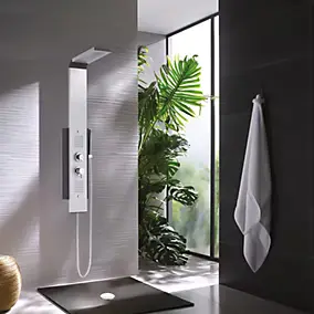 Colonne de douche thermostatique hydromassante multijets avec pomme de tête, douchette 1 jet et flexible, gris aluminium et noir, Valentin Dune