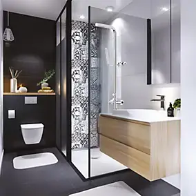 Colonne de douche thermostatique avec pomme de tête, douchette 1 jet et flexible, porte-savon, laiton chromé, Valentin Allure
