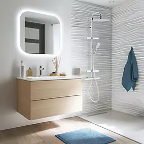 Colonne de douche thermostatique anti-brûlure avec tablette, pomme de tête ronde, douchette et flexible, chrome, Valentin Opium