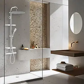 Colonne de douche thermostatique avec tablettes, pomme de tête large, douchette et flexible, chrome, Valentin Opium