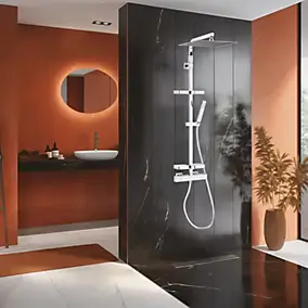 Colonne de douche thermostatique avec tablettes, pomme de tête, douchette et flexible, chrome, Valentin Touareg