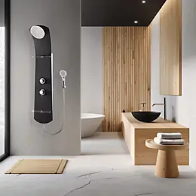 Colonne de douche thermostatique avec tablettes, pomme de tête, douchette et flexible, noir, Valentin Nautilus