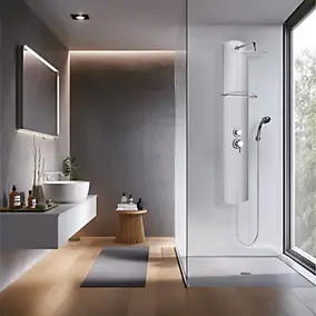 Colonne de douche mécanique avec pomme de tête, douchette et flexible, en aluminuim anodisé gris, Valentin Totmy
