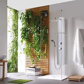 Colonne de douche thermostatique avec tablette, pomme de tête, douchette et flexible, en aluminium anodisé gris, Valentin Totmy
