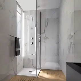 Colonne de douche thermostatique avec tablette, pomme de tête, douchette et flexible, blanc, Valentin Nautilus
