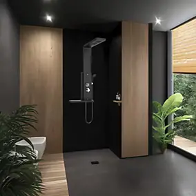 Colonne de douche thermostatique hydromassante avec tablette, pomme de tête, douchette et flexible, en aluminium anodisé noir, Valentin Dune