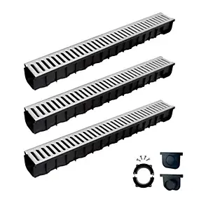 3 Caniveaux en lot PP noir avec grille en acier galvanisé 300 x 12 cm
