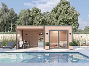 Abri de jardin / Poolhouse Design bois douglas ép.55 mm surface totale 8.7m² + pergola 8.7m²