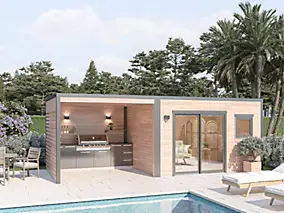 Abri de jardin / Poolhouse Design bois douglas ép.55 mm surface totale 11.6m² + pergola 8.7m²