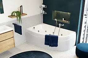 Baignoire balnéo asymétrique angle droit 160 x 100 cm Allibert Intensea Elba Duo + tablier