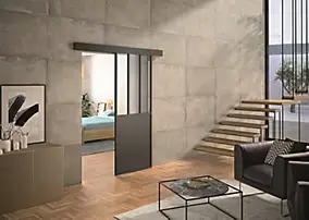 Kit porte coulissante atelier noire vitrage dépoli avec rail 93 x 204 cm, Optimum