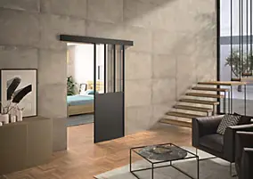 Kit porte coulissante atelier noire avec rail, cadre aluminium et vitrage transparent 93 x 204 cm, Optimum
