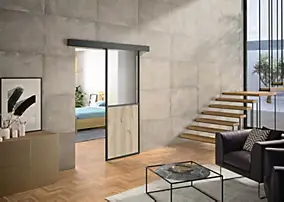 Kit porte coulissante atelier noire et chêne terra avec rail, cadre aluminium 93 x 204 cm, Optimum