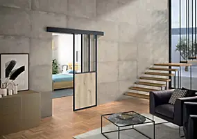 Kit porte coulissante atelier noire et chêne terra avec rail, vitrage transparent, cadre aluminium 83 x 204 cm