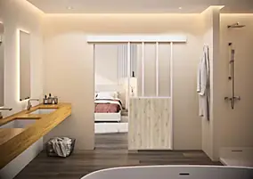 Kit porte coulissante atelier blanche chêne terra avec rail, vitrage transparent, cadre aluminium 83 x 204 cm, Optimum