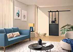 Kit porte coulissante atelier noire, vitrage transparent avec rail apparent 83 x 204 cm, Optimum