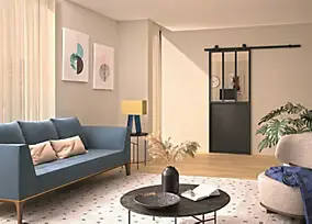 Kit porte coulissante atelier noire, vitrage transparent avec rail apparent 93 x 204 cm, Optimum