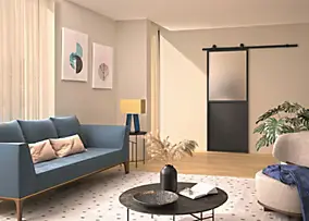 Kit porte coulissante contemporaine noire cadre aluminium avec rail, verre dépoli 73 x 204 cm, Optimum