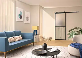 Kit porte coulissante contemporaine noire cadre aluminium avec rail, verre dépoli 83 x 204 cm, Optimum