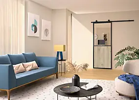 Kit porte coulissante contemporaine noire et effet chêne terra avec rail, cadre aluminium 73 x 204 cm, Optimum